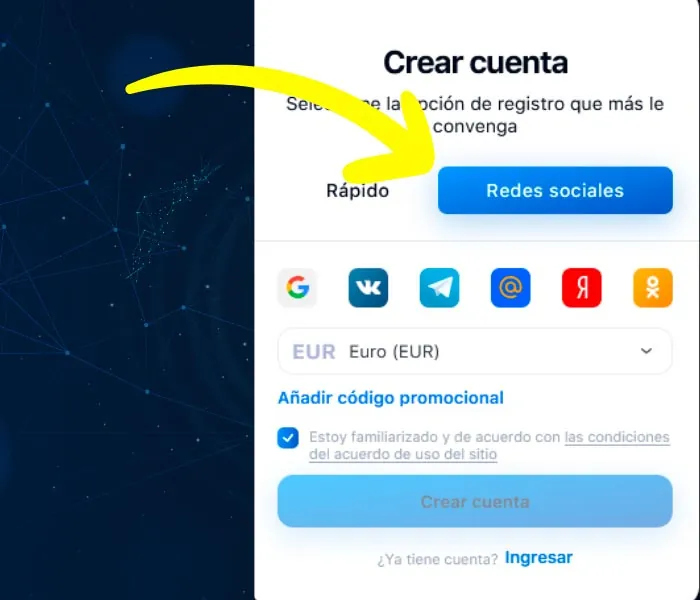 Seleccione "Redes sociales" en 1win