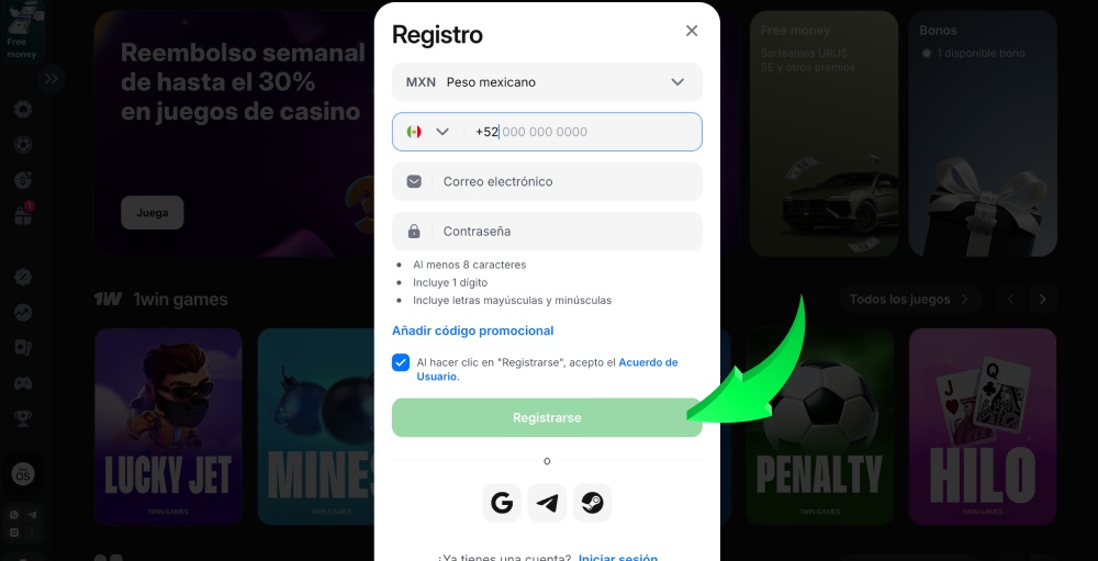 Completar el registro en 1Win