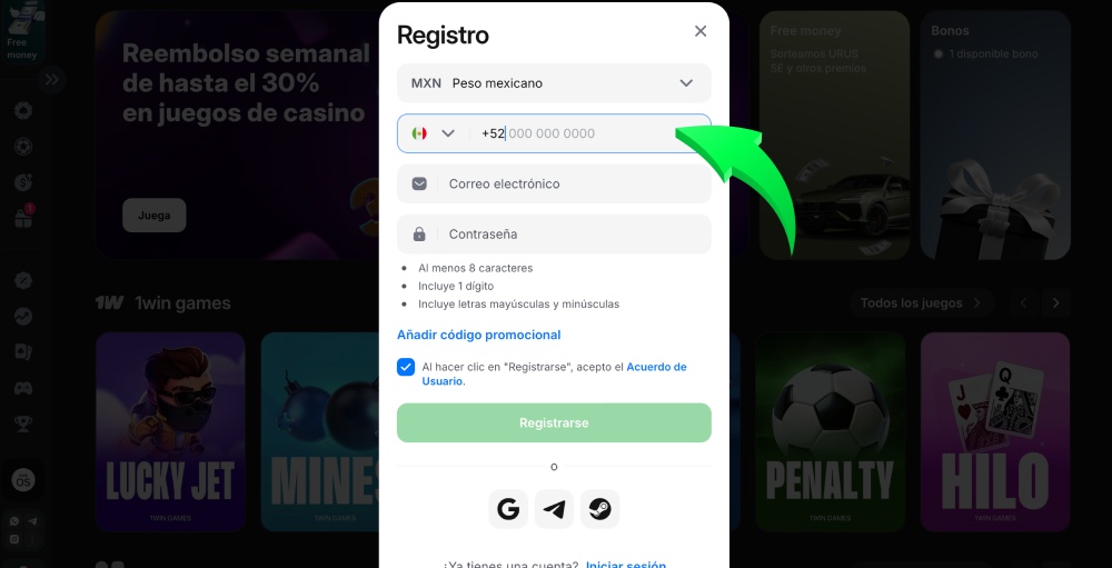 Introduce los datos de registro de 1Win