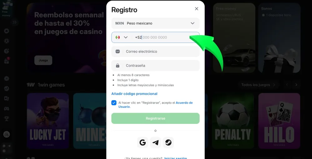 Introduce los datos de registro de 1Win